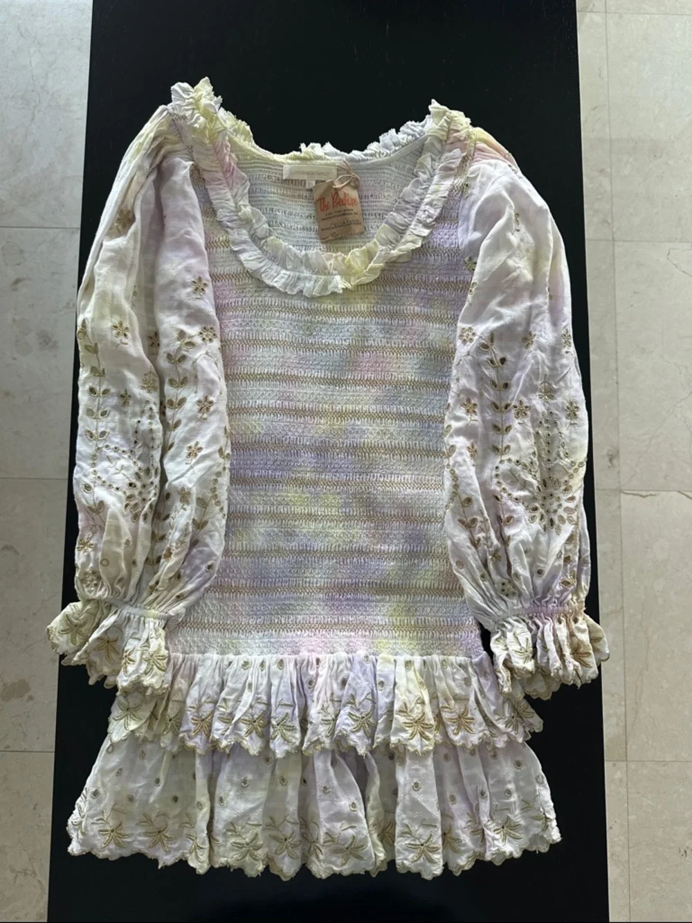 LoveShackFancy Pastel Knit Mini Dress with Gold Floral Embroidery - Picture 3 of 6